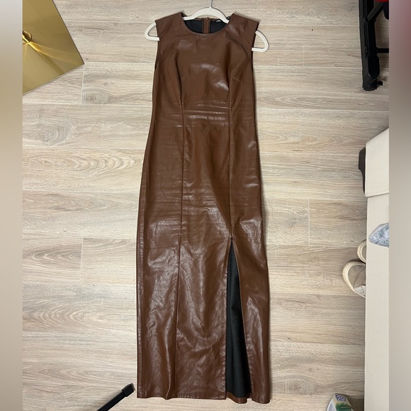 Zara Dresses & Skirts - Brown Faux Leather MIDI Dress with slit